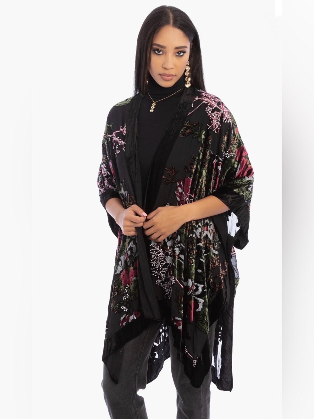 Saachi Ione Velvet Burnout Ruana Black Floral Kimono Jacket Cover Up OS - Picture 2 of 11